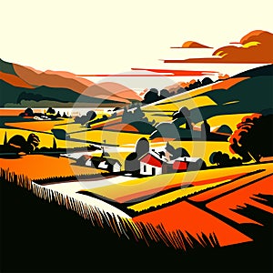 Rural landscape. Vector illustration of a rural landscape with fields and hills. Generative AI