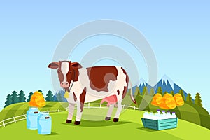 Rural landscape view, cow grazing, vector banner.