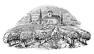 Rural landscape with villa, vineyard fields and hills. Black and white drawn vintage vector illustration for label, poster