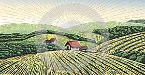 Rural landscape with the village and gricultural fields, with hills drawing in engraving style.