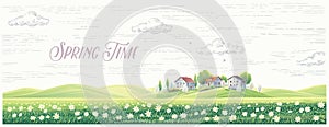 Rural landscape with village houses and field full of blooming flowers.Vector illustration.