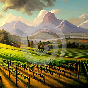 Rural landscape vineyards. Green vines on hills with trees and mountains