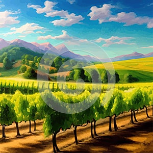 Rural landscape vineyards. Green vines on hills with trees and mountains