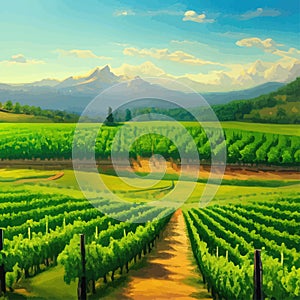 Rural landscape vineyards. Green vines on hills with trees and mountains