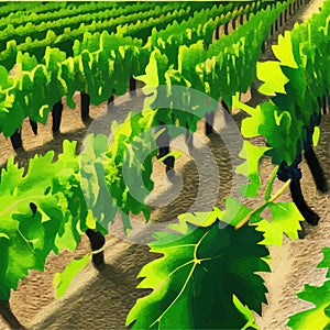 Rural landscape vineyards. Green vines on hills with trees and mountains