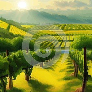 Rural landscape vineyards. Green vines on hills with trees and mountains