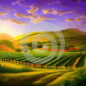 Rural landscape vineyards. Green vines on hills with trees and mountains