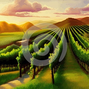 Rural landscape vineyards. Green vines on hills with trees and mountains