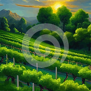 Rural landscape vineyards. Green vines on hills with trees and mountains