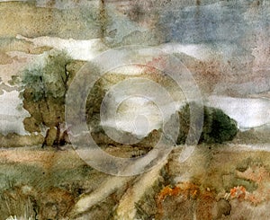 Rural landscape. Watercolor.