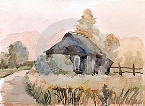 Rural landscape. Watercolor