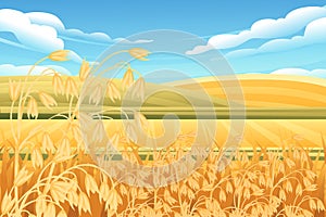 Rural landscape with wheat fields and green hills with blue clear sky on background vector illustration