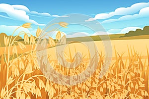 Rural landscape with wheat fields and green hills with blue clear sky on background vector illustration