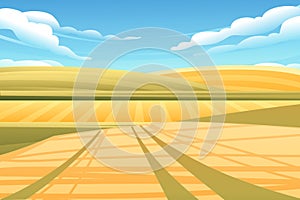 Rural landscape with wheat fields and green hills with blue clear sky on background vector illustration