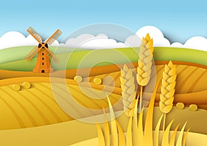Rural landscape. Wheat fields, windmill, vector paper cut illustration. Field crop, farming, agriculture. Harvest season