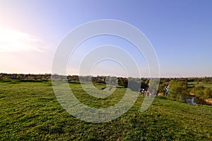 A rural landscape with a wild reed field and a small lake. Ecologically clean place for res