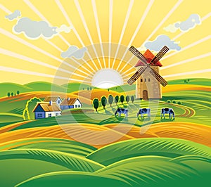 Rural landscape with a windmill.