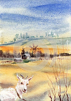 Rural landscape with windmill and city buildings silhouettes backcise. Goat in foreground is staring at you. Hand drawn