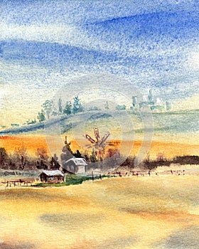 Rural landscape with windmill and city buildings silhouettes backcise. Hand drawn watercolors on paper textures. Ð’itmap