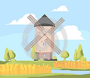 Rural landscape windmill. Farm background with growing wheat field and working windmill vector cartoon illustration