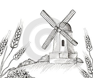 Rural landscape with windmill and fields