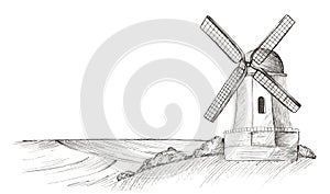 Rural landscape with windmill and fields