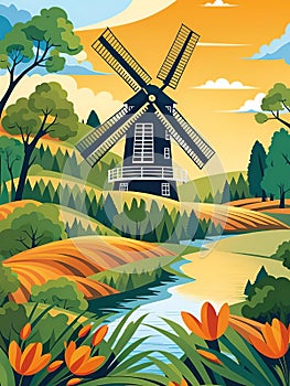 Rural landscape with windmill and flowers.