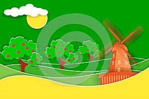 Rural landscape with windmill and fruit trees. Paper cut shapes and layers as countryside design