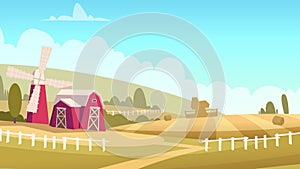 Rural landscape. Windmill and house in village. Vector cartoon background