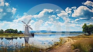 A rural landscape with a windmill standing on the shore of a calm lake