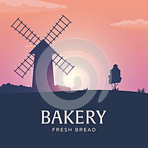Rural landscape with windmill. Sunrise. Bakery. Fresh bread. Vector illustration.