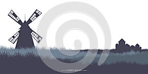 Rural landscape with windmill. Vector illustration