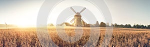 Rural landscape with windmill and village