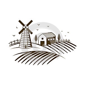 Rural landscape with windmill for vintage bakery and houses on hills