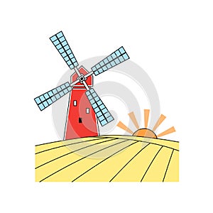 Rural landscape with windmill and wheat fields vector