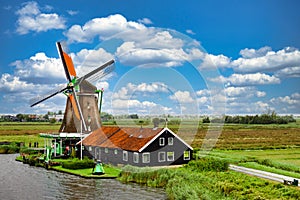 Rural landscape with windmill in Zaanse Schans.