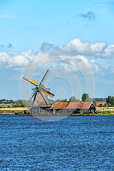 Rural landscape with windmill in Zaanse Schans. Holland, Netherlands