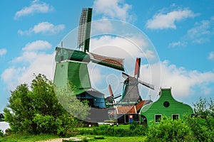 rural landscape with windmills in Zaanse Schans. Holland, Netherlands