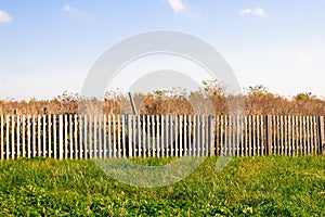 Rural landscape with wooden fence, sky and grass