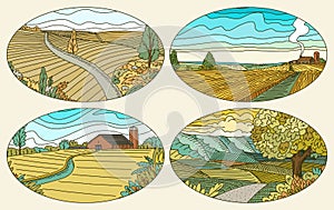 Rural landscapes stickers set. Farm field and cabin. Agriculture and Vineyard. Green hills, meadows and mountains