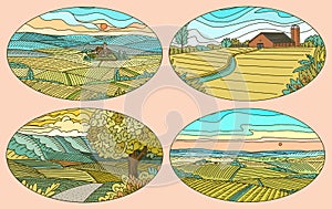 Rural landscapes stickers set. Farm field and cabin. Agriculture and Vineyard. Green hills, meadows and mountains