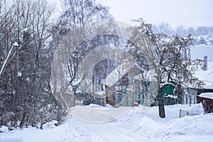 Rural lodges in Zaraysk in snowfall