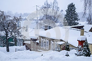 Rural lodges in Zaraysk in snowfall