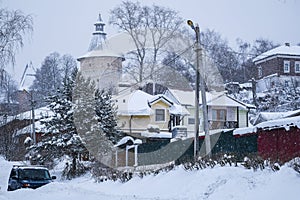 Rural lodges in Zaraysk in snowfall