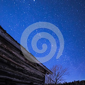 Rural Log Cabin barn at night with stars and milky way