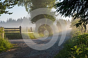 Rural macadam road that runs between wooden fences photo