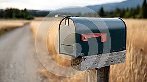 Rural mailbox on a post with a scenic countryside backdrop.