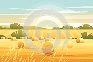 Rural morning landscape with hills and dales agricultural fields with roll of hay flat vector illustration