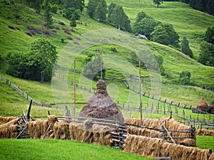 Rural mountain landscape with hay put to dry