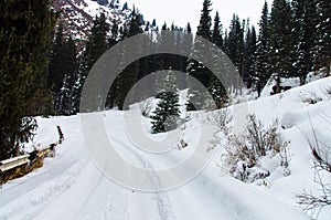 Rural mountain road completely covered with snow, with car rides